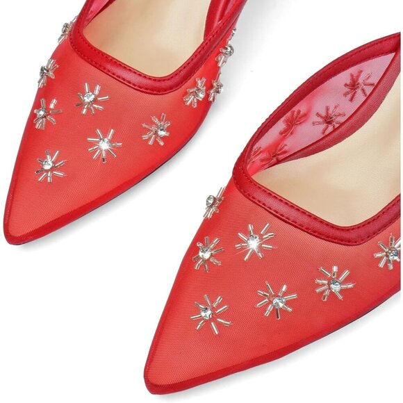 🆕Women Red Mesh Kitten Heel Mules Crystal Flower Pointed Toe Low Heel Pumps - Picture 3 of 5